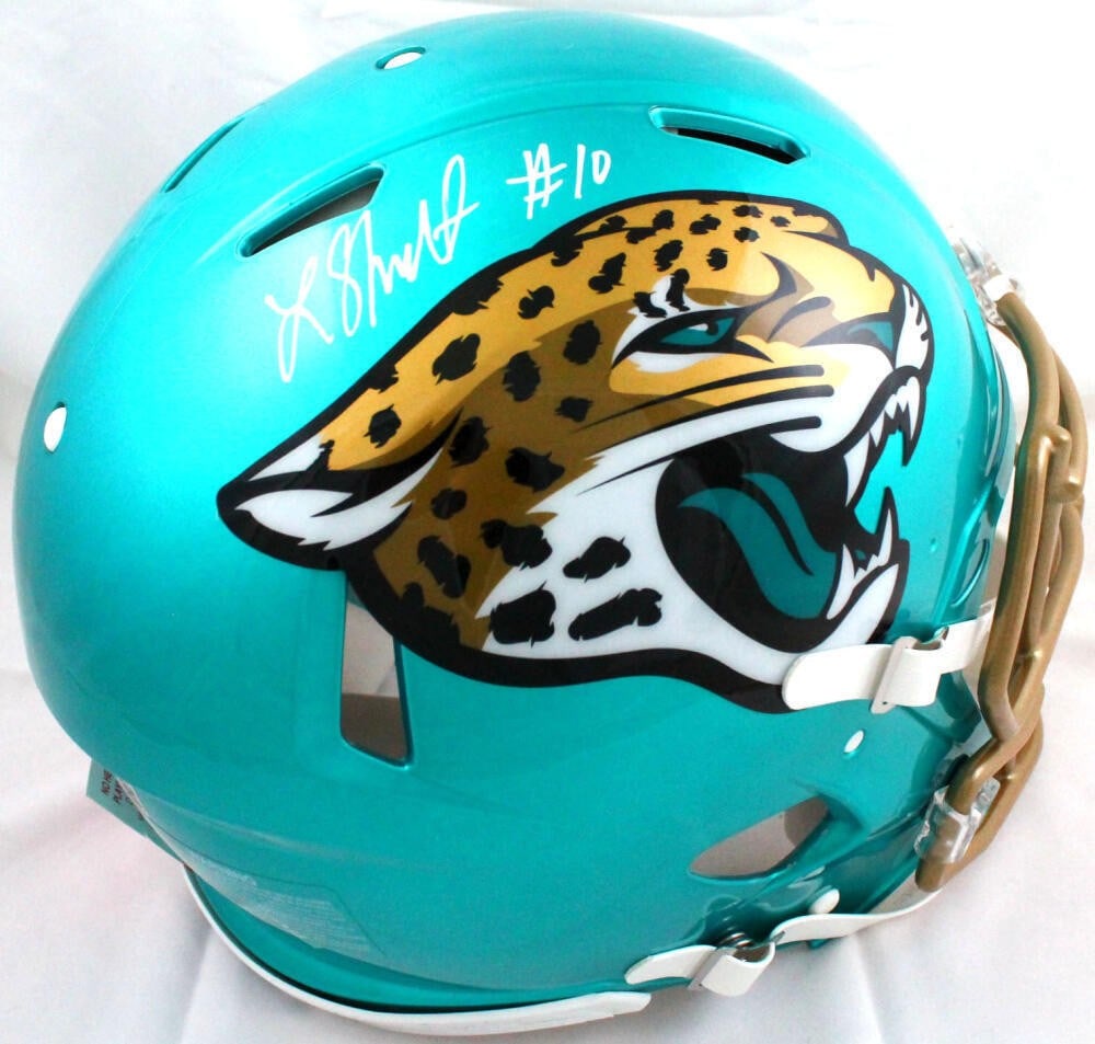Beckett authenticated Jaguars full size helmet signed by Laviska Shenault Jr: Beckett authenticated Jaguars full size helmet signed by Laviska Shenault Jr This is an original Jacksonville Jaguars full-size Flash Speed Authentic helmet autographed by Laviska Shenault Jr. The sig