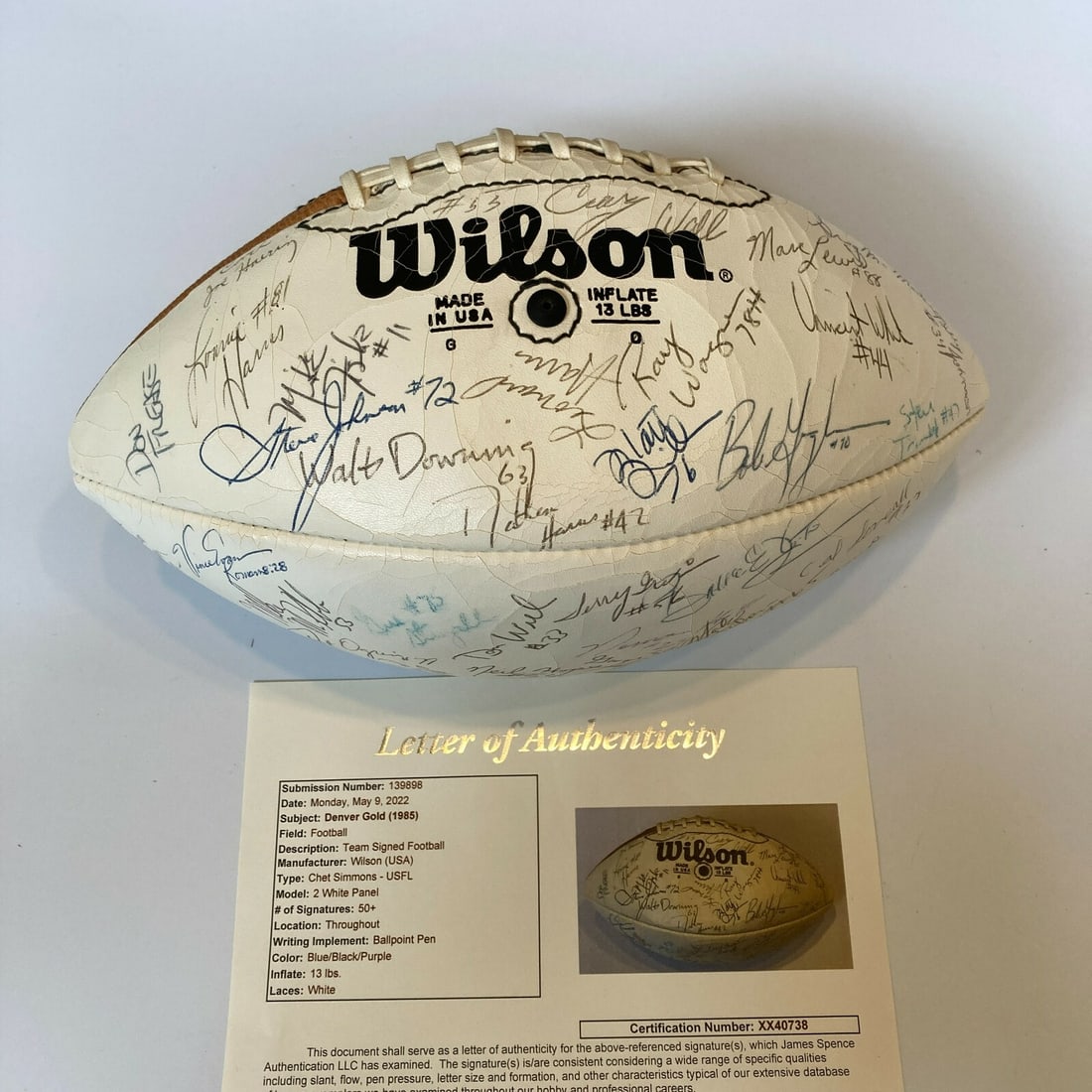 1985 Denver Gold Team Signed USFL Football 50+ Sigs JSA COA: 1985 Denver Gold Team Signed USFL Football 50+ Sigs JSA COA Celebrate the legacy of the USFL with this 1985 Denver Gold team-signed official USFL football, featuring over 50 autographs including that 