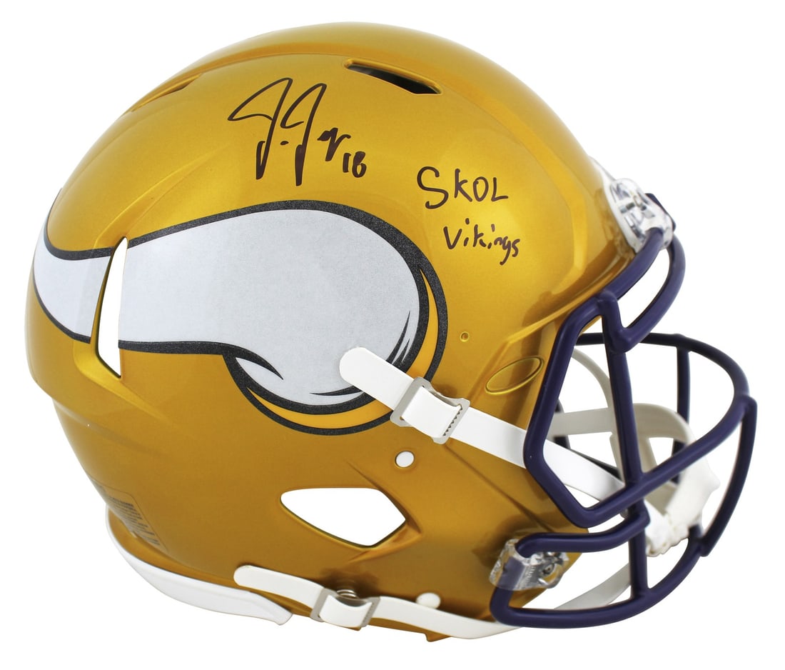 Justin Jefferson Signed Vikings Flash Speed Proline Helmet With SKOL Inscription BAS: Justin Jefferson Signed Vikings Flash Speed Proline Helmet With SKOL Inscription BAS This authentic Riddell Full Size Speed Proline Flash helmet features the signature and inscription "SKOL Vikings" f