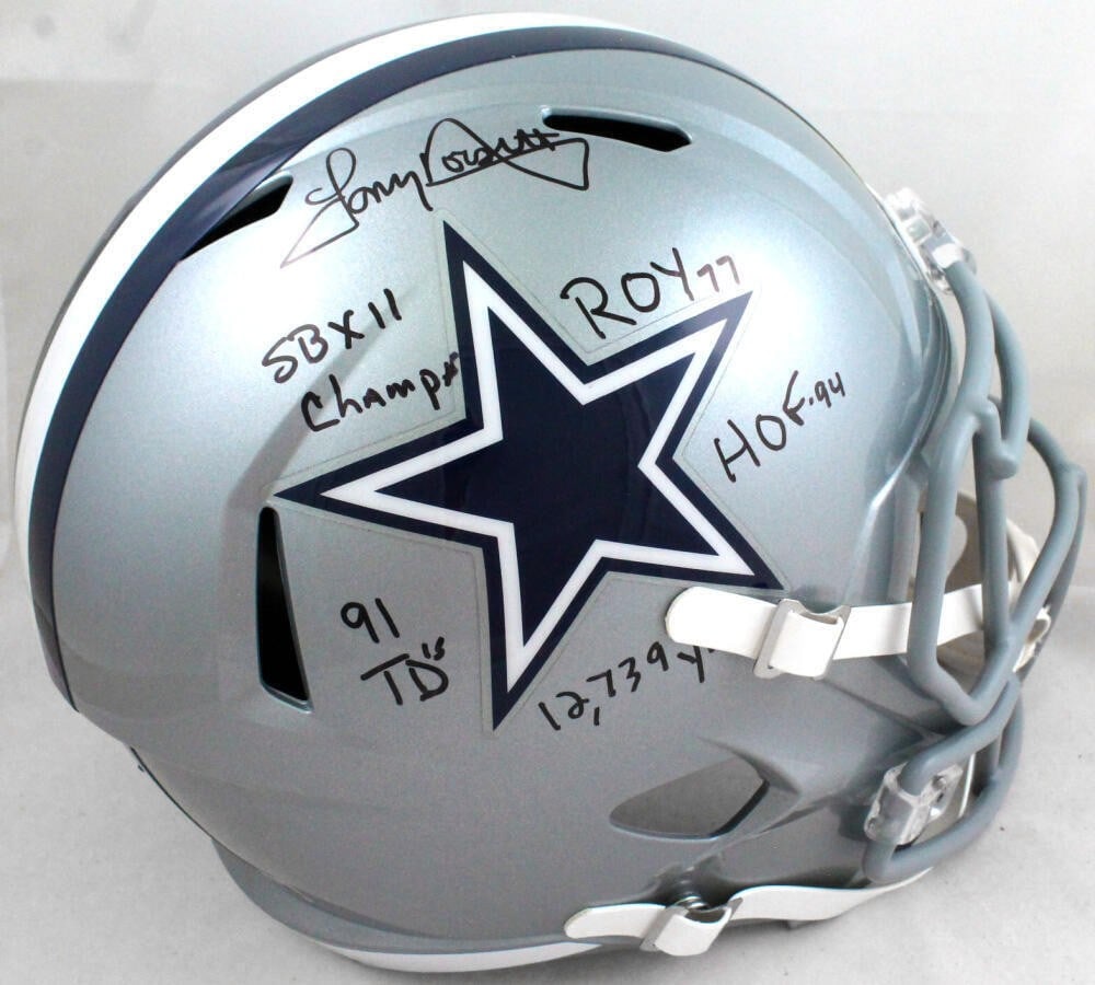 Tony Dorsett signed Cowboys full size speed helmet Beckett hologram: Tony Dorsett signed Cowboys full size speed helmet Beckett hologram This Dallas Cowboys full-size Speed helmet is autographed by Tony Dorsett and features five inscriptions. The helmet is an original,