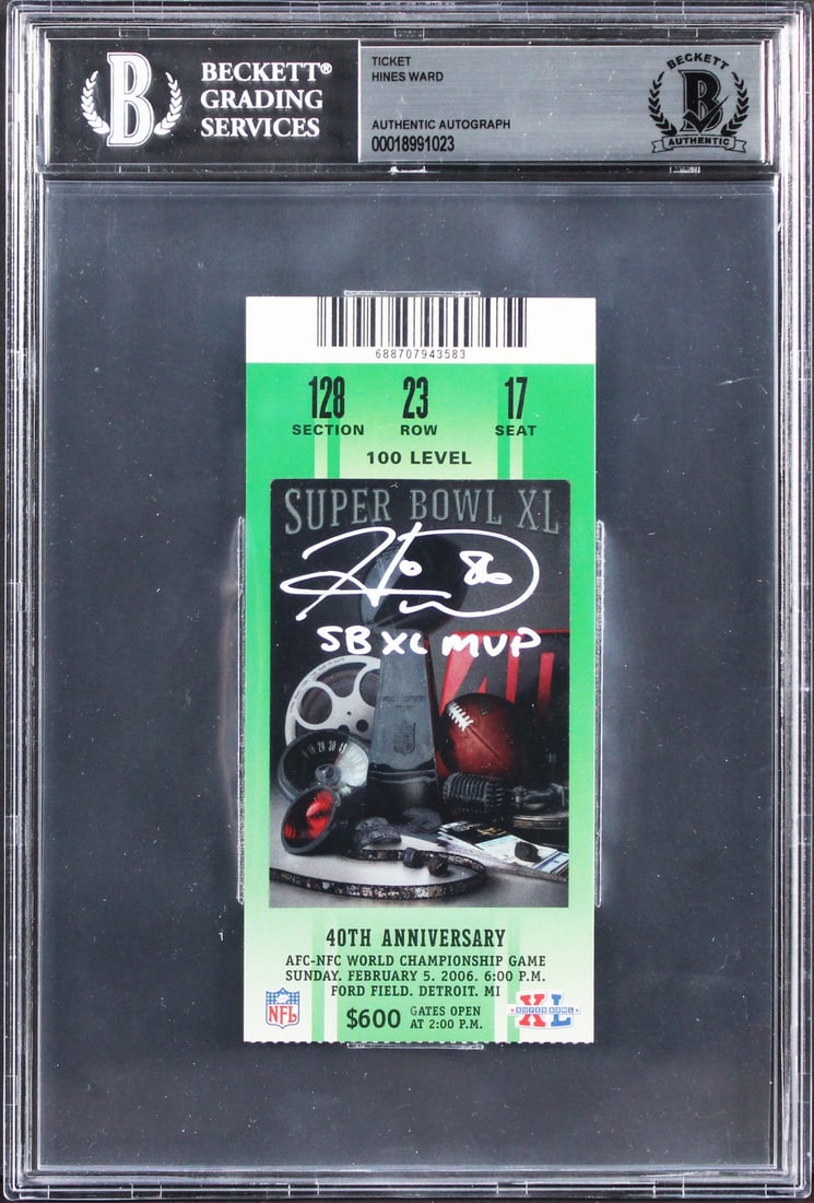 Hines Ward Signed Super Bowl XL Ticket Stub SB XL MVP Beckett Authenticated: Hines Ward Signed Super Bowl XL Ticket Stub SB XL MVP Beckett Authenticated Celebrate the legacy of Hines Ward with this authentic Super Bowl XL ticket stub, personally signed by the Pittsburgh Steele