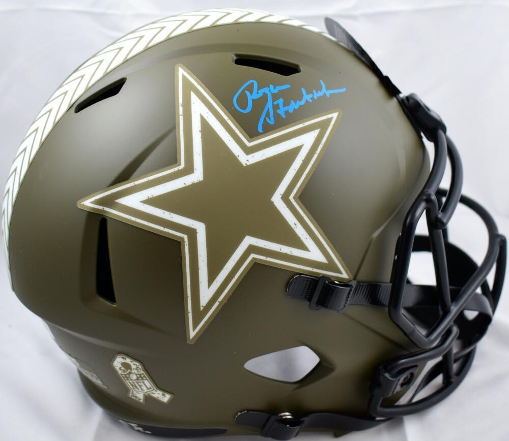 Roger Staubach autographed Dallas Cowboys speed helmet Beckett hologram: Roger Staubach autographed Dallas Cowboys speed helmet Beckett hologram This Dallas Cowboys full-size Salute to Service Speed helmet is hand-signed by Roger Staubach. The autograph is authenticated by