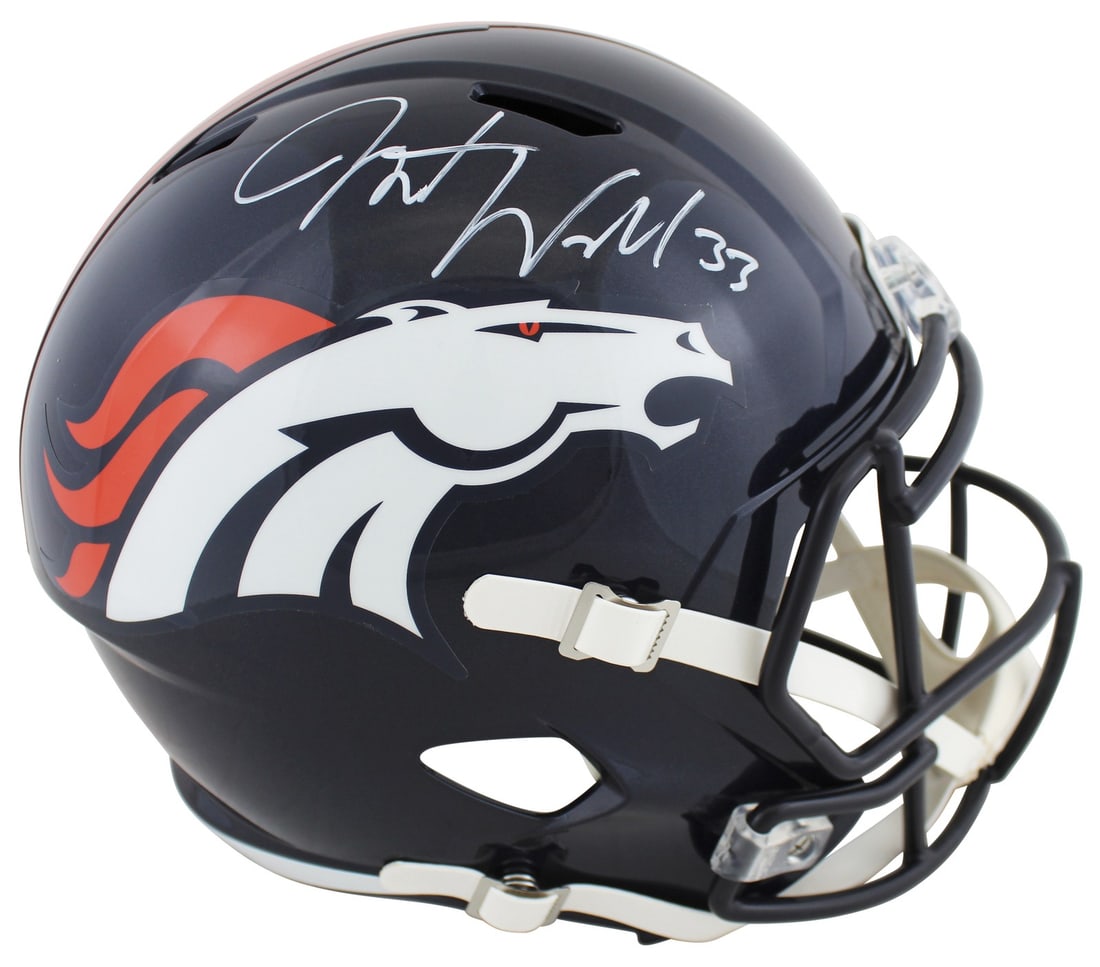 Beckett Witnessed Javonte Williams Broncos Speed Rep Helmet: Beckett Witnessed Javonte Williams Broncos Speed Rep Helmet This full-size Speed Replica helmet is personally signed by Javonte Williams of the Denver Broncos. The autograph is authenticated by