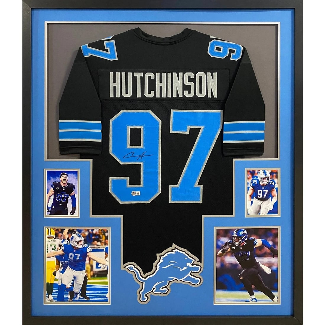 Framed Aidan Hutchinson Lions jersey Beckett autographed: Framed Aidan Hutchinson Lions jersey Beckett autographed This framed Aidan Hutchinson Detroit Lions black jersey features an authentic autograph and is professionally presented in a detailed frame. Th