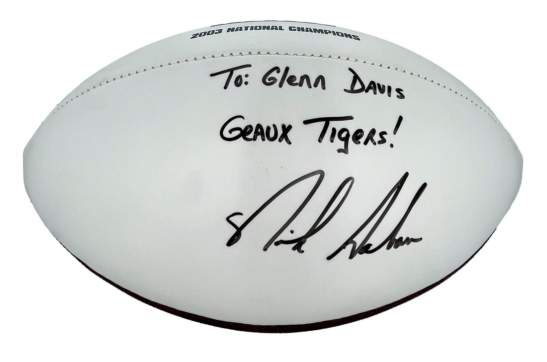 LSU Logo Football Autographed and Inscribed by Nick Saban 2004 NCAA Champions PSA/DNA: LSU Logo Football Autographed and Inscribed by Nick Saban 2004 NCAA Champions PSA/DNA This original LSU logo football commemorates the 2004 NCAA Championship and features a signature and inscription f