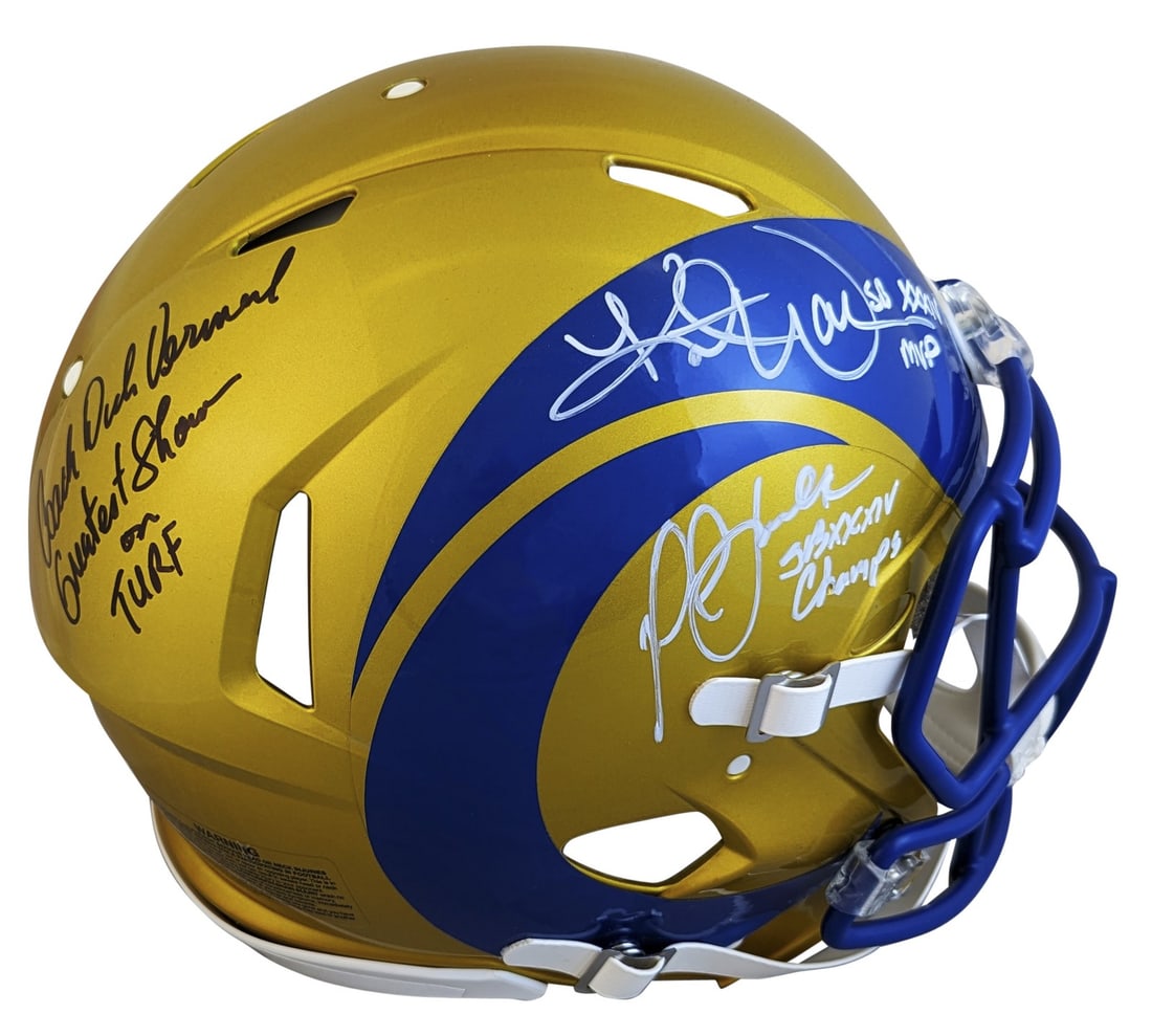 St. Louis Rams Signed Flash Helmet Warner Faulk Vermeil BAS Authenticated: St. Louis Rams Signed Flash Helmet Warner Faulk Vermeil BAS Authenticated This autographed St. Louis Rams Alternate Flash Riddell Authentic Full Size Speed Proline Helmet features the signatures of NF