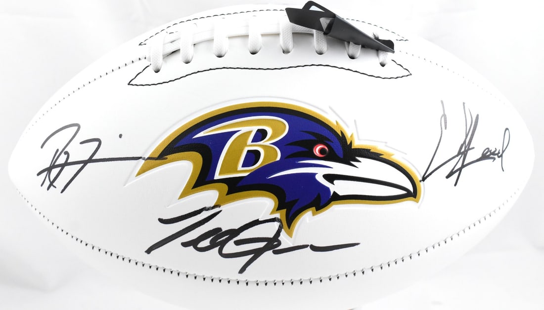 Baltimore Ravens Football Signed by Ed Reed Ray Lewis Terrell Suggs Beckett Authenticated: Baltimore Ravens Football Signed by Ed Reed Ray Lewis Terrell Suggs Beckett Authenticated This Baltimore Ravens logo football features autographs from Ed Reed, Terrell Suggs, and Ray Lewis. The signat