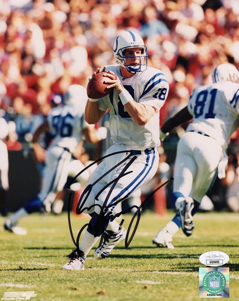 Peyton Manning Signed Colts Action 8x10 Photo with JSA COA: Peyton Manning Signed Colts Action 8x10 Photo with JSA COA This item features a signed 8x10 photograph of Peyton Manning in a dropback action pose, showcasing the legendary quarterback in his Indianap