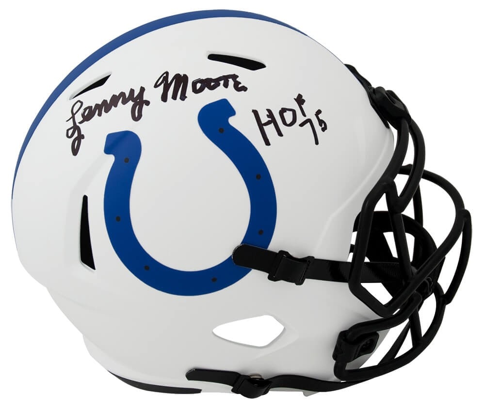 Lenny Moore Signed Colts Lunar Eclipse Helmet HOF'75 COA: Lenny Moore Signed Colts Lunar Eclipse Helmet HOF'75 COA This remarkable piece of football memorabilia features a Lenny Moore signed Indianapolis Colts Lunar Eclipse Riddell full-size speed replica he