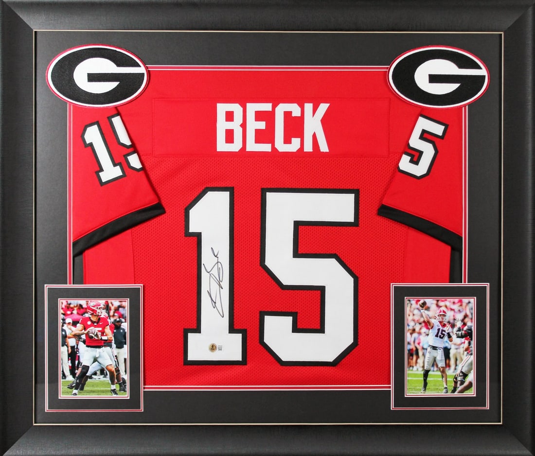 Carson Beck Signed Georgia Bulldogs Framed Jersey with BAS Authentication: Carson Beck Signed Georgia Bulldogs Framed Jersey with BAS Authentication Celebrate your team spirit with this authentic, signed red pro style jersey, expertly framed and featuring the signature of Ca