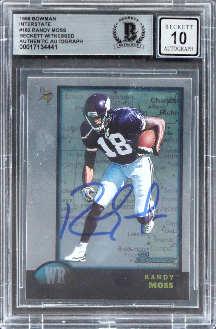 Randy Moss Signed 1998 Bowman Interstate RC Card Gem Mint 10 Beckett: Randy Moss Signed 1998 Bowman Interstate RC Card Gem Mint 10 Beckett This exceptional 1998 Bowman Interstate #182 Rookie Card features a bold autograph from Randy Moss, one of the most celebrated play
