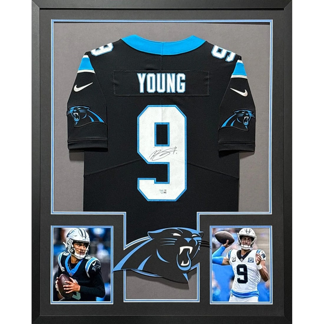 Framed Bryce Young Autographed Panthers Jersey with Fanatics Authentication: Framed Bryce Young Autographed Panthers Jersey with Fanatics Authentication This framed Carolina Panthers jersey is autographed by Bryce Young and authenticated by Fanatics. The display features detai
