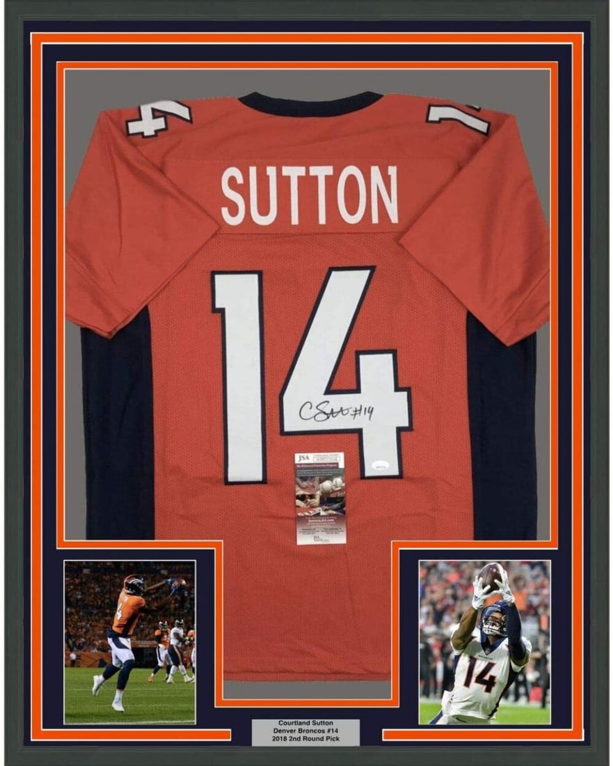 Courtland Sutton signed Denver Broncos orange jersey framed 35x39 JSA COA: Courtland Sutton signed Denver Broncos orange jersey framed 35x39 JSA COA This professionally framed and matted display features an autographed Denver Broncos orange jersey signed by Courtland Sutton.