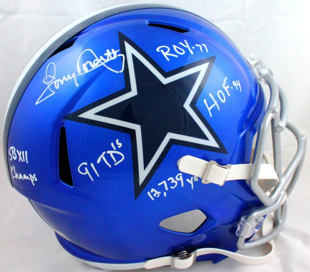 Tony Dorsett Signed Dallas Cowboys Flash Speed Helmet Beckett Auth: Tony Dorsett Signed Dallas Cowboys Flash Speed Helmet Beckett Auth This is an original full-size flash speed helmet signed by Tony Dorsett, a legendary player of the Dallas Cowboys. The helmet feature