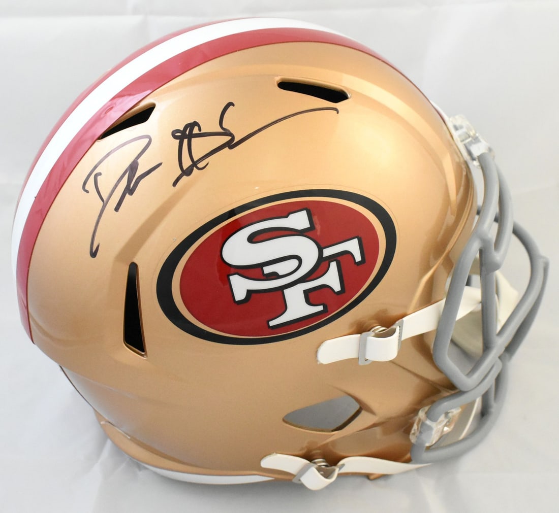 Deion Sanders signed San Francisco 49ers speed helmet BAS witnessed: Deion Sanders signed San Francisco 49ers speed helmet BAS witnessed This full-size San Francisco 49ers Speed helmet features the authentic signature of Deion Sanders. The autograph has been witnessed 