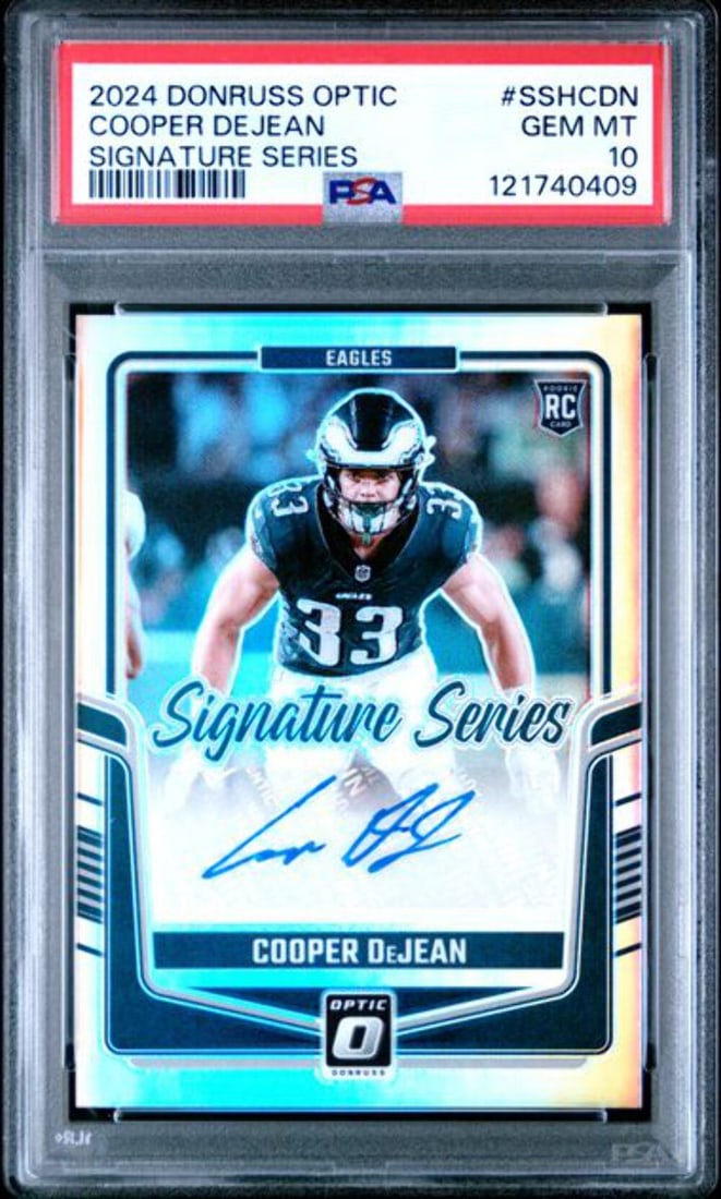 2024 Donruss Optic Cooper DeJean PSA 10 Auto Rookie Card: 2024 Donruss Optic Cooper DeJean PSA 10 Auto Rookie Card Collect this remarkable 2024 Donruss Optic Signature Cooper DeJean SSHCDN Auto Rookie Card, graded PSA 10 for its impeccable quality. Featuring