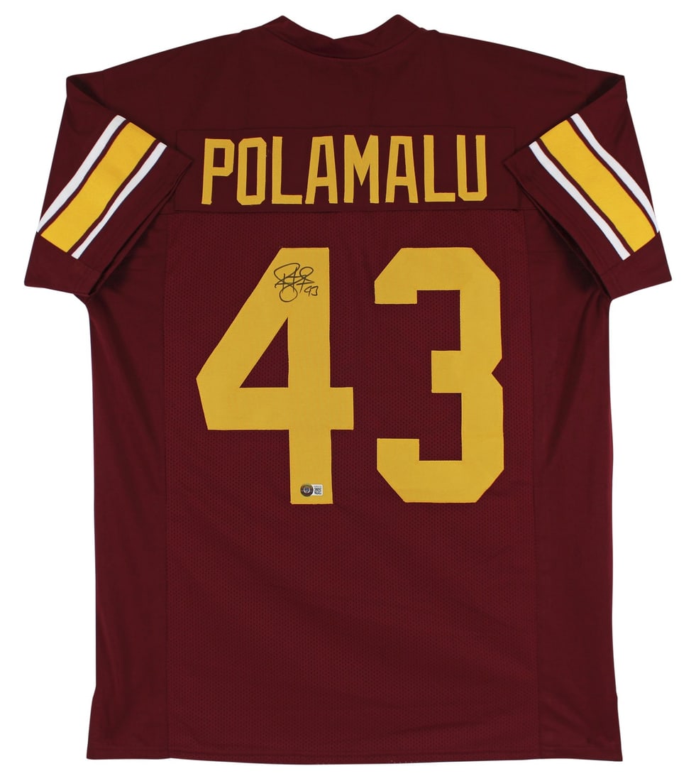 Troy Polamalu Signed USC Trojans Maroon Jersey BAS Witnessed: Troy Polamalu Signed USC Trojans Maroon Jersey BAS Witnessed This authentic maroon pro style jersey is personally signed by Troy Polamalu, the legendary player from USC Trojans. It comes with a Becket