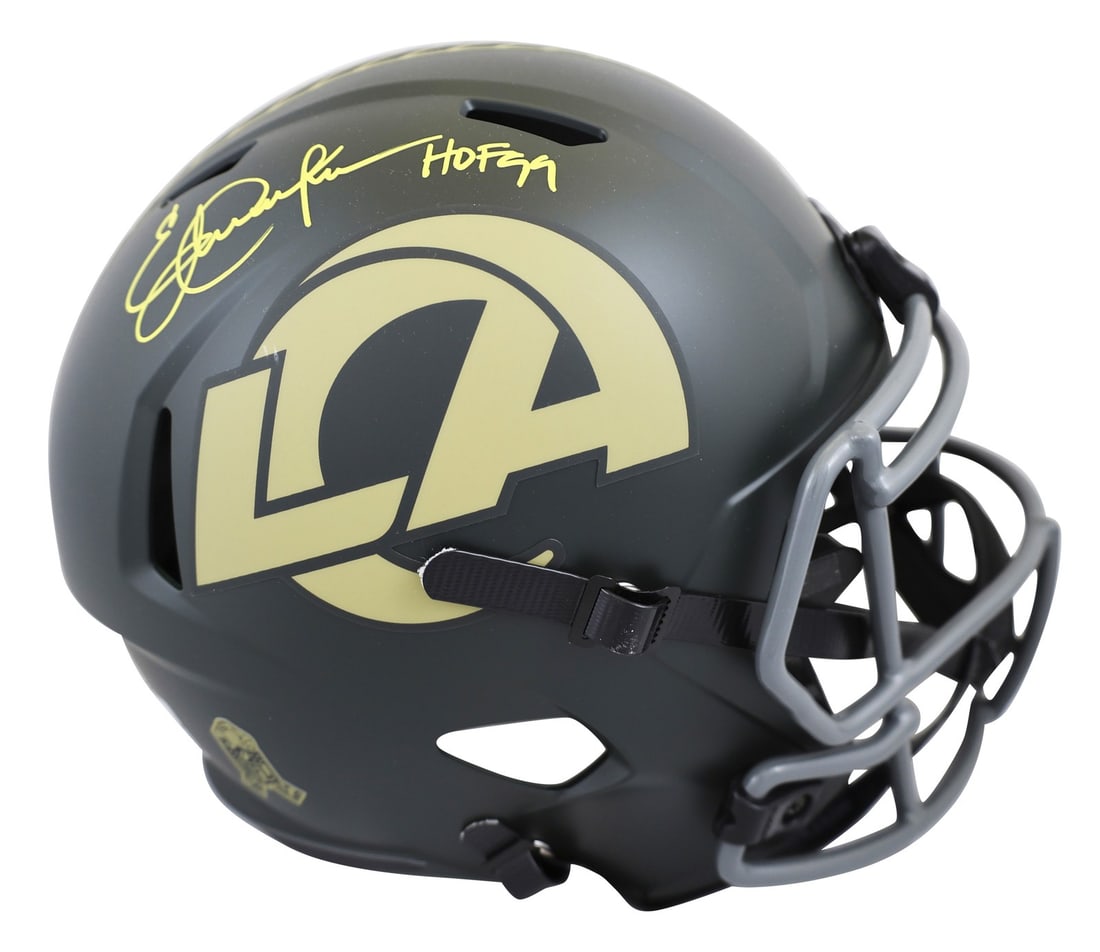 Eric Dickerson Signed Rams HOF 99 Full Size Helmet BAS Authenticated: Eric Dickerson Signed Rams HOF 99 Full Size Helmet BAS Authenticated This officially licensed Los Angeles Rams full-size speed replica helmet is personally signed by NFL Hall of Famer Eric Dickerson, 