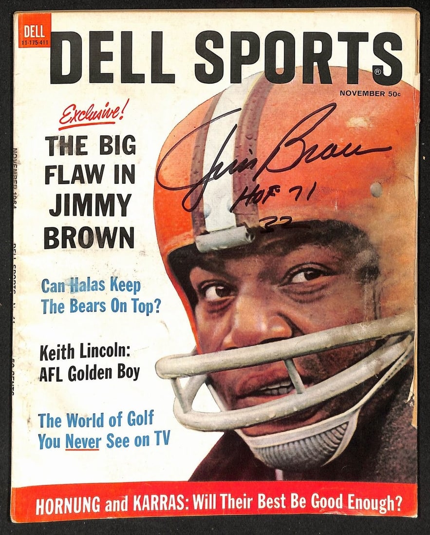 1964 Dell Sports Magazine Autographed by Jim Brown With PSA DNA Authentication: 1964 Dell Sports Magazine Autographed by Jim Brown With PSA DNA Authentication This is a 1964 Dell Sports Magazine featuring football legend Jim Brown. The magazine is original and has been signed by 