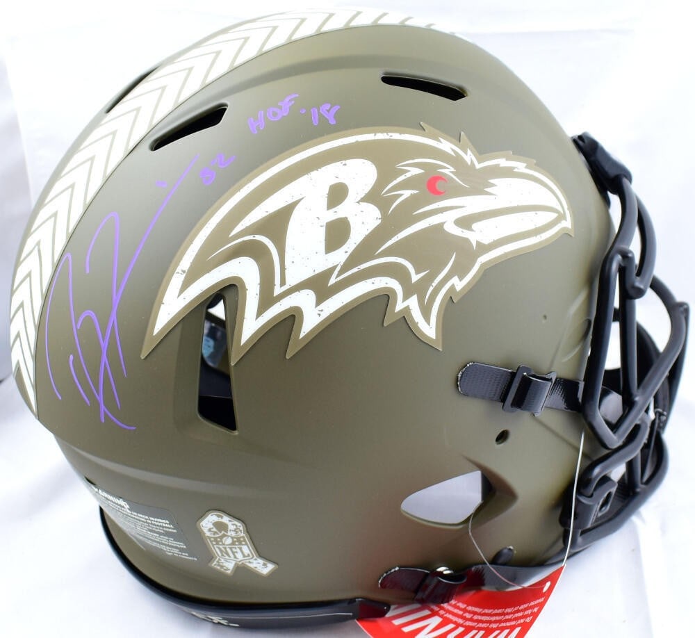 Baltimore Ravens full size speed helmet signed by Ray Lewis Beckett HOF: Baltimore Ravens full size speed helmet signed by Ray Lewis Beckett HOF This authentic Baltimore Ravens full-size Salute to Service Speed helmet is signed by Ray Lewis and features his Hall of Fame in