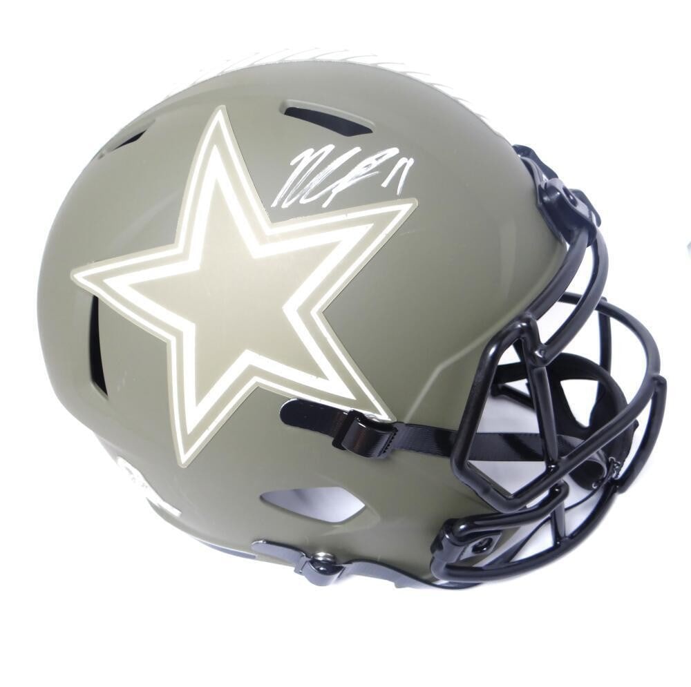 Fanatics Authenticated Micah Parsons Cowboys Salute to Service Speed Helmet: Fanatics Authenticated Micah Parsons Cowboys Salute to Service Speed Helmet This is a Dallas Cowboys Salute to Service Speed full-size helmet autographed by Micah Parsons. The helmet features authenti