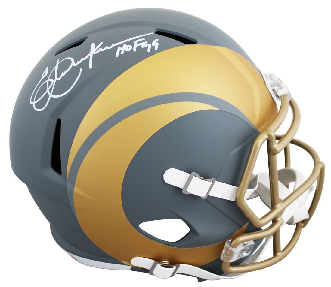 Eric Dickerson Autographed Rams Slate Speed Replica Helmet Beckett Witnessed: Eric Dickerson Autographed Rams Slate Speed Replica Helmet Beckett Witnessed This Los Angeles Rams full-size Speed Rep helmet features a white signature from Eric Dickerson, along with the "HOF 99" in