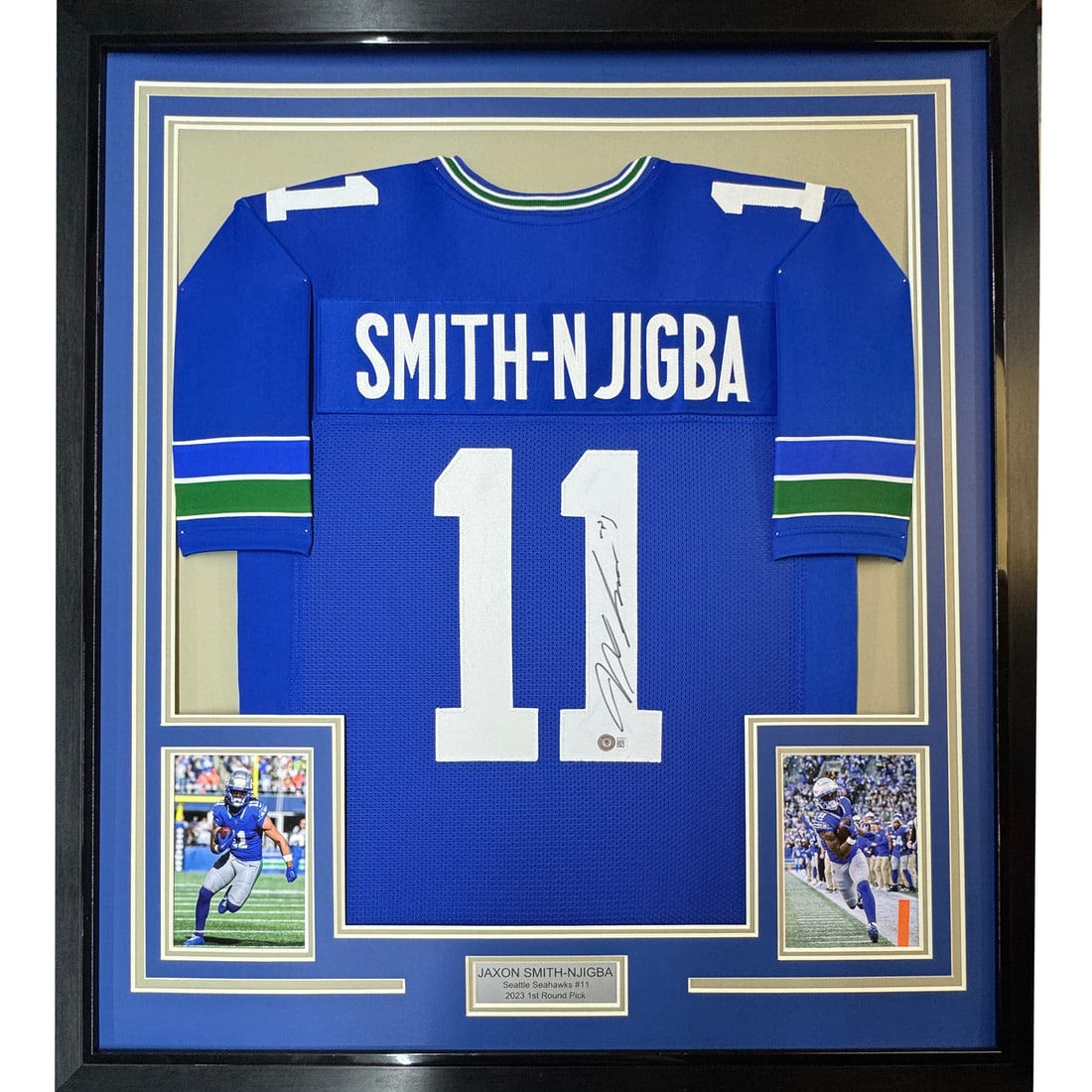 Jaxon Smith-Njigba Framed Seattle Seahawks Retro Jersey BAS COA 35x39: Jaxon Smith-Njigba Framed Seattle Seahawks Retro Jersey BAS COA 35x39 This is a professionally framed and matted Seattle Seahawks retro jersey autographed by Jaxon Smith-Njigba. The display includes t