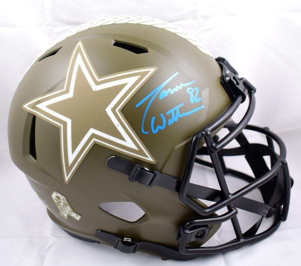Dallas Cowboys Salute to Service Speed Helmet Signed by Jason Witten Beckett Holo: Dallas Cowboys Salute to Service Speed Helmet Signed by Jason Witten Beckett Holo This Dallas Cowboys full-size Salute to Service Speed helmet is signed by Jason Witten. The autograph is authenticated