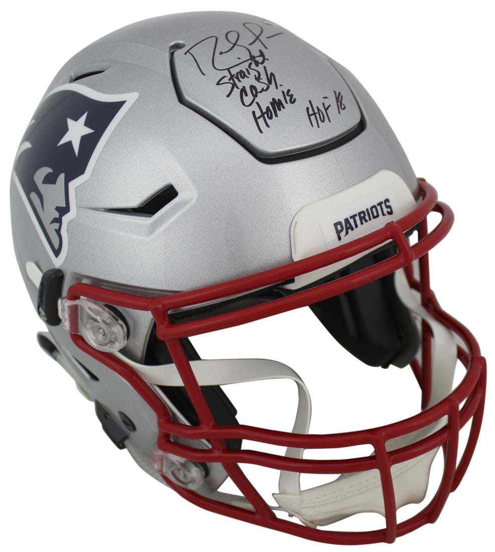 Randy Moss Patriots Signed Riddell Speed Flex Helmet Inscribed HOF 18 Beckett COA: Randy Moss Patriots Signed Riddell Speed Flex Helmet Inscribed HOF 18 Beckett COA This authentic Riddell Speed Flex full size helmet features the signature of Randy Moss of the New England Patriots, a