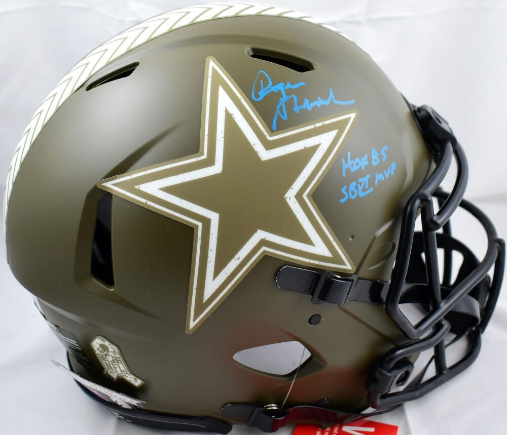 Roger Staubach autographed Dallas Cowboys Speed helmet BAS hologram: Roger Staubach autographed Dallas Cowboys Speed helmet BAS hologram This Dallas Cowboys full-size Salute to Service Speed Authentic helmet is signed by Roger Staubach. The autograph is authenticated b