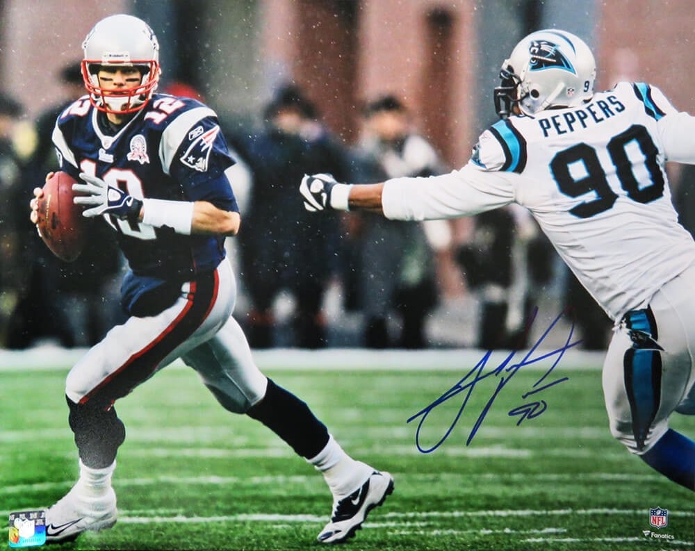 Julius Peppers Signed 16x20 Carolina Panthers Photo with COA: Julius Peppers Signed 16x20 Carolina Panthers Photo with COA This original 16x20 photo captures Julius Peppers in action while chasing Tom Brady, showcasing his remarkable athleticism and skill as a f