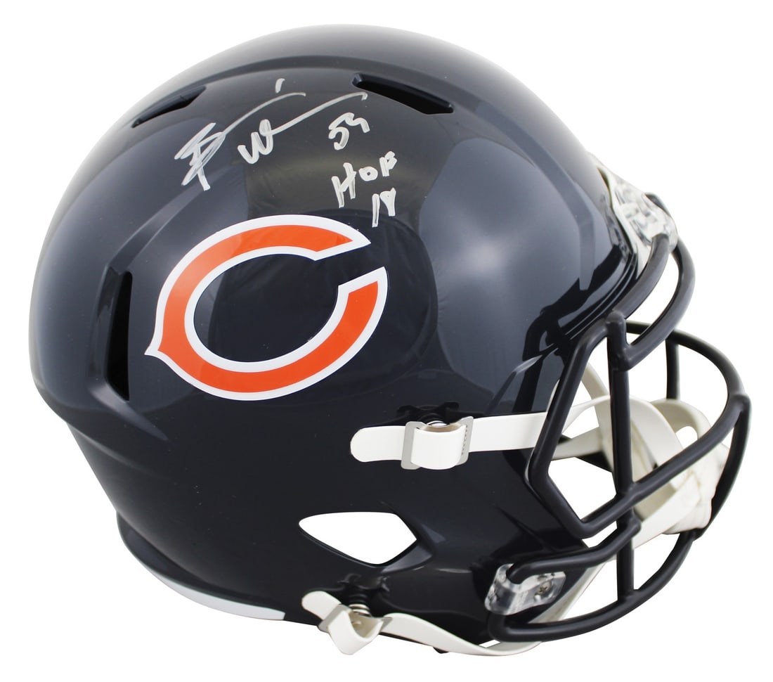 Chicago Bears Brian Urlacher signed full size speed rep helmet BAS witnessed: Chicago Bears Brian Urlacher signed full size speed rep helmet BAS witnessed This full size Speed Replica helmet features the signature of Brian Urlacher, including his "HOF 18" inscription, represent
