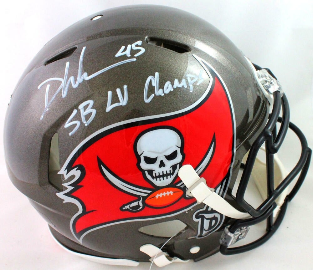 Devin White autographed Tampa Bay Buccaneers full size speed helmet Beckett: Devin White autographed Tampa Bay Buccaneers full size speed helmet Beckett This is an authentic full-size Speed helmet signed by Devin White of the Tampa Bay Buccaneers. The helmet features an inscri