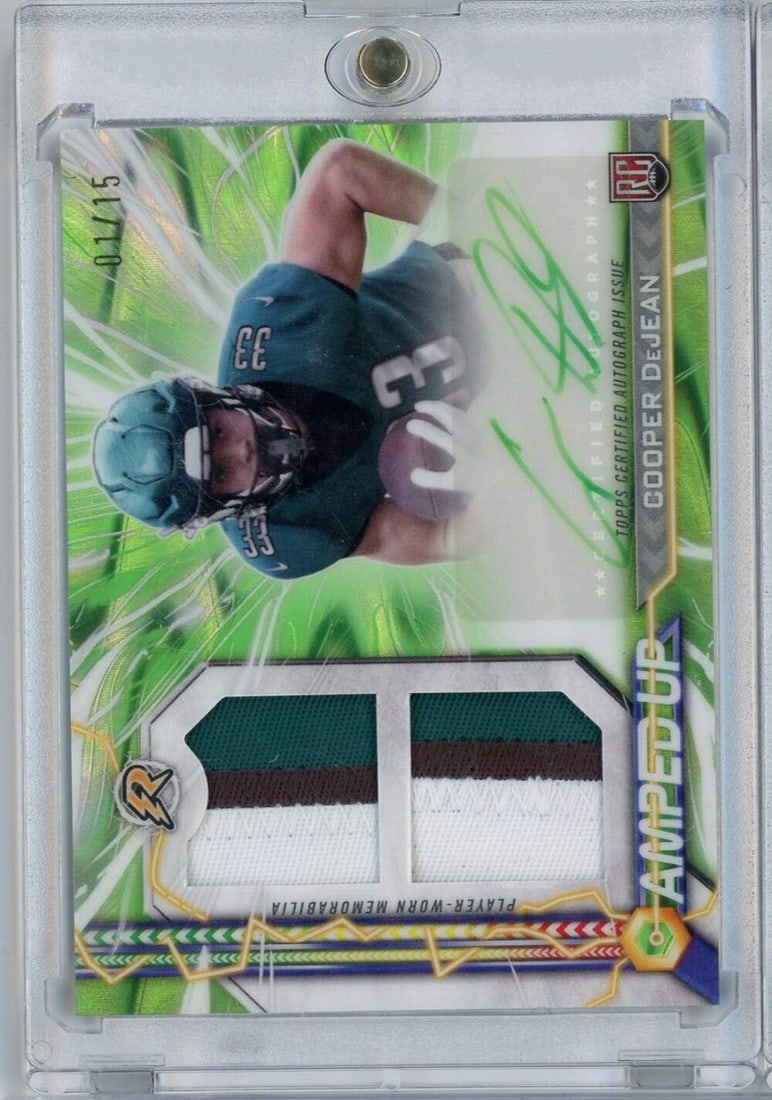 2024 Topps Resurgence Green Cooper DeJean RPA Auto 1/15 NFL Rookie Card: 2024 Topps Resurgence Green Cooper DeJean RPA Auto 1/15 NFL Rookie Card This is a highly sought-after 2024 Topps Resurgence Amped Green Cooper DeJean #AU-CD 1/15 RPA Auto Rookie Card. The card feature