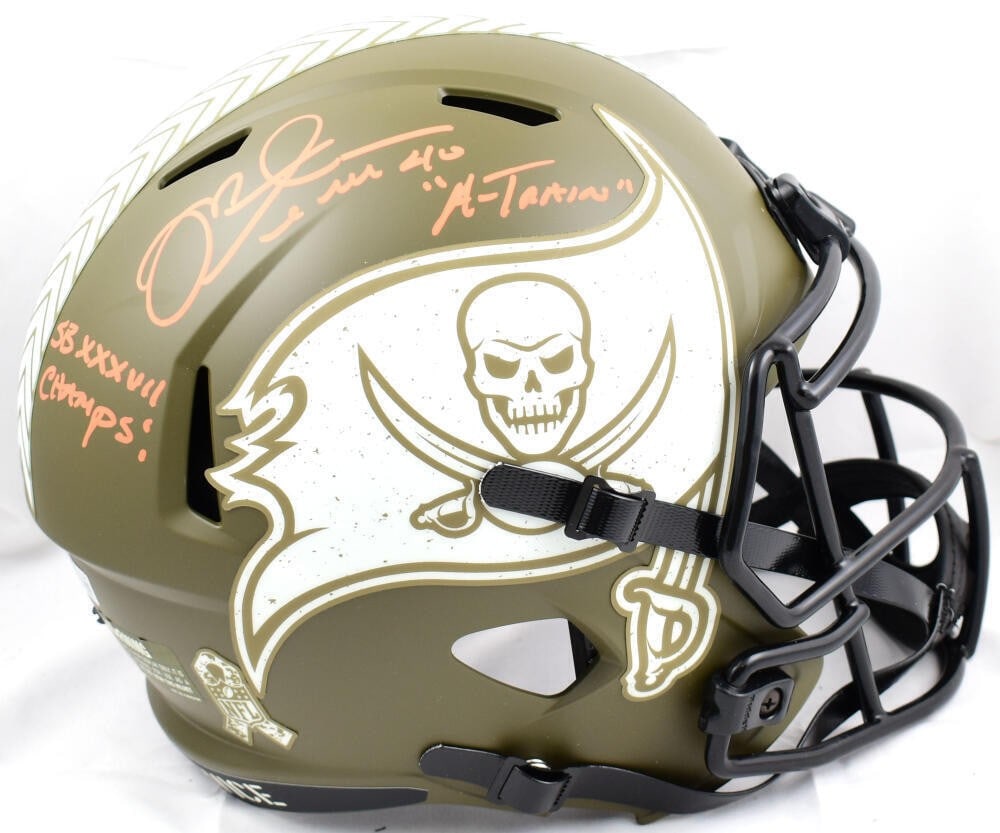 Salute to Service Tampa Bay Buccaneers Helmet Signed by Mike Alstott Beckett Authenticated: Salute to Service Tampa Bay Buccaneers Helmet Signed by Mike Alstott Beckett Authenticated This is a pre-owned Tampa Bay Buccaneers full-size Salute to Service Speed helmet signed by Mike Alstott. The