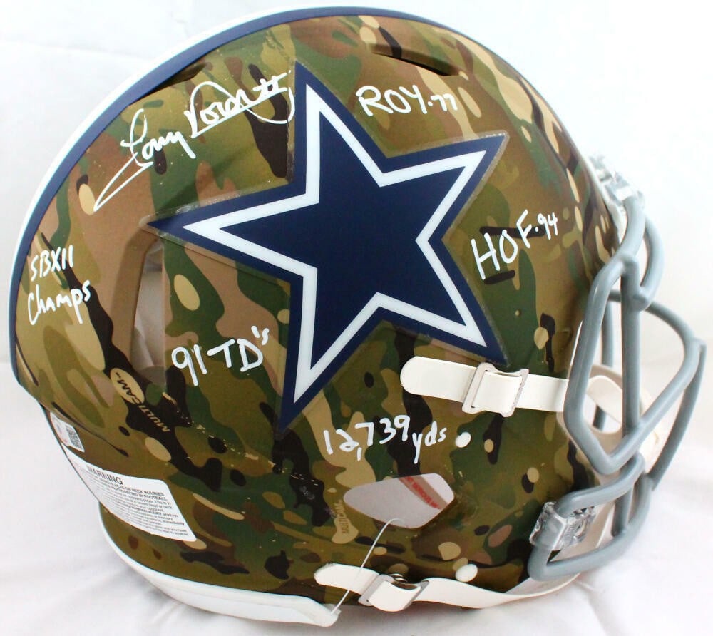 Dallas Cowboys Tony Dorsett autographed camo speed helmet Beckett holo: Dallas Cowboys Tony Dorsett autographed camo speed helmet Beckett holo This is a pre-owned Dallas Cowboys full-size Camo Speed Authentic helmet, personally signed by Tony Dorsett. The helmet features 