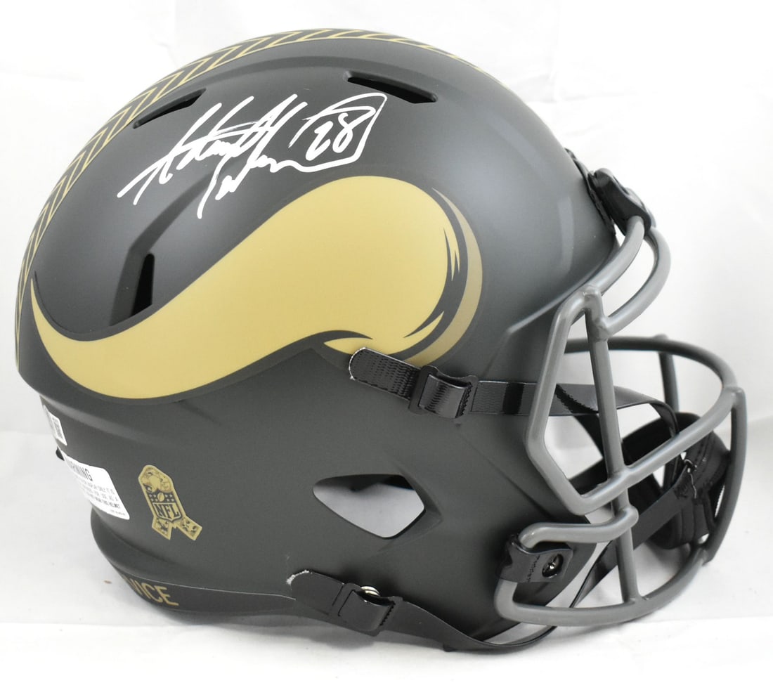 Signed Vikings full size Salute 25 Speed helmet by Adrian Peterson Beckett W: Signed Vikings full size Salute 25 Speed helmet by Adrian Peterson Beckett W This is a pre-owned Minnesota Vikings full-size Salute 25 Speed football helmet, personally signed by Adrian Peterson. The 