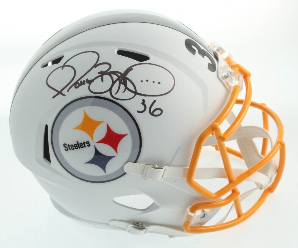 Pittsburgh Steelers Full Size Matte White Speed Helmet Signed by Jerome Bettis BAS: Pittsburgh Steelers Full Size Matte White Speed Helmet Signed by Jerome Bettis BAS This is a Jerome Bettis signed Pittsburgh Steelers matte white full-size replica Speed football helmet. The helmet fe