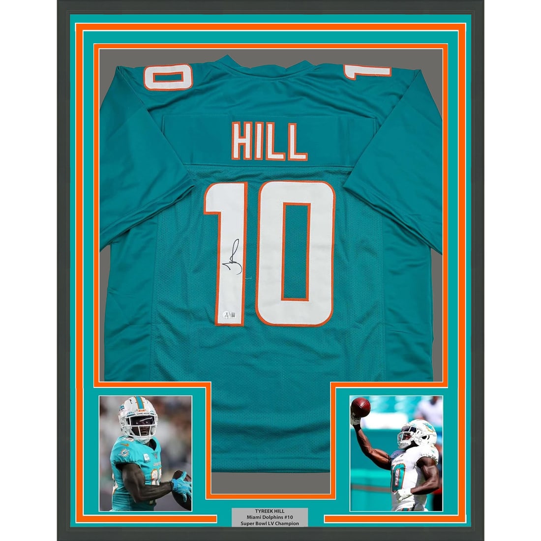 Tyreek Hill Signed Miami Teal Jersey Framed 35x39 Beckett BAS COA: Tyreek Hill Signed Miami Teal Jersey Framed 35x39 Beckett BAS COA This framed display features a Miami Dolphins teal jersey autographed by Tyreek Hill. The jersey is professionally framed and matted, 