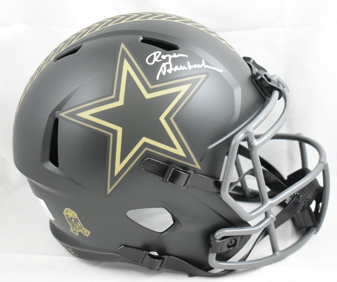 Dallas Cowboys Roger Staubach signed full size salute speed helmet Beckett holo: Dallas Cowboys Roger Staubach signed full size salute speed helmet Beckett holo This is a pre-owned Dallas Cowboys full-size Salute 2025 Speed helmet, autographed by Roger Staubach. The helmet is an o
