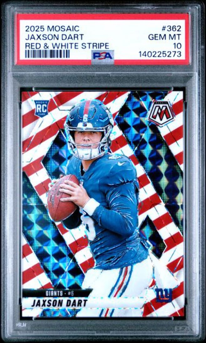 PSA 10 Jaxson Dart 2025 Mosaic Red White Stripe Rookie Card #362: PSA 10 Jaxson Dart 2025 Mosaic Red White Stripe Rookie Card #362 This is a 2025 Panini Mosaic Jaxson Dart #362 Red & White Stripe rookie card, graded PSA 10 by Professional Sports Authenticator (PSA).