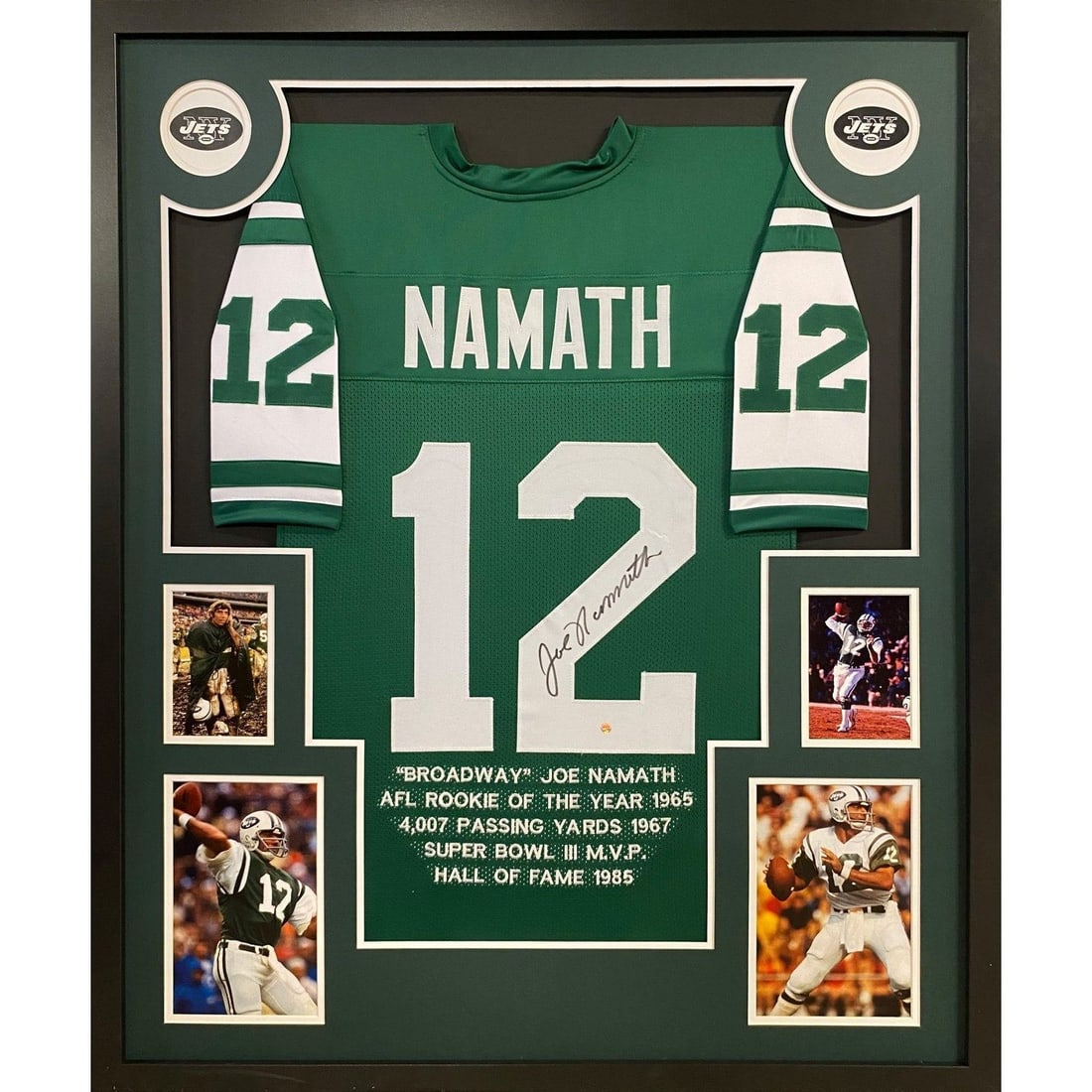 Joe Namath Autographed Framed Jersey New York Jets Steiner Authenticated: Joe Namath Autographed Framed Jersey New York Jets Steiner Authenticated This autographed Joe Namath framed jersey is a must-have for any New York Jets fan. Authenticated by Steiner, a leader in sport