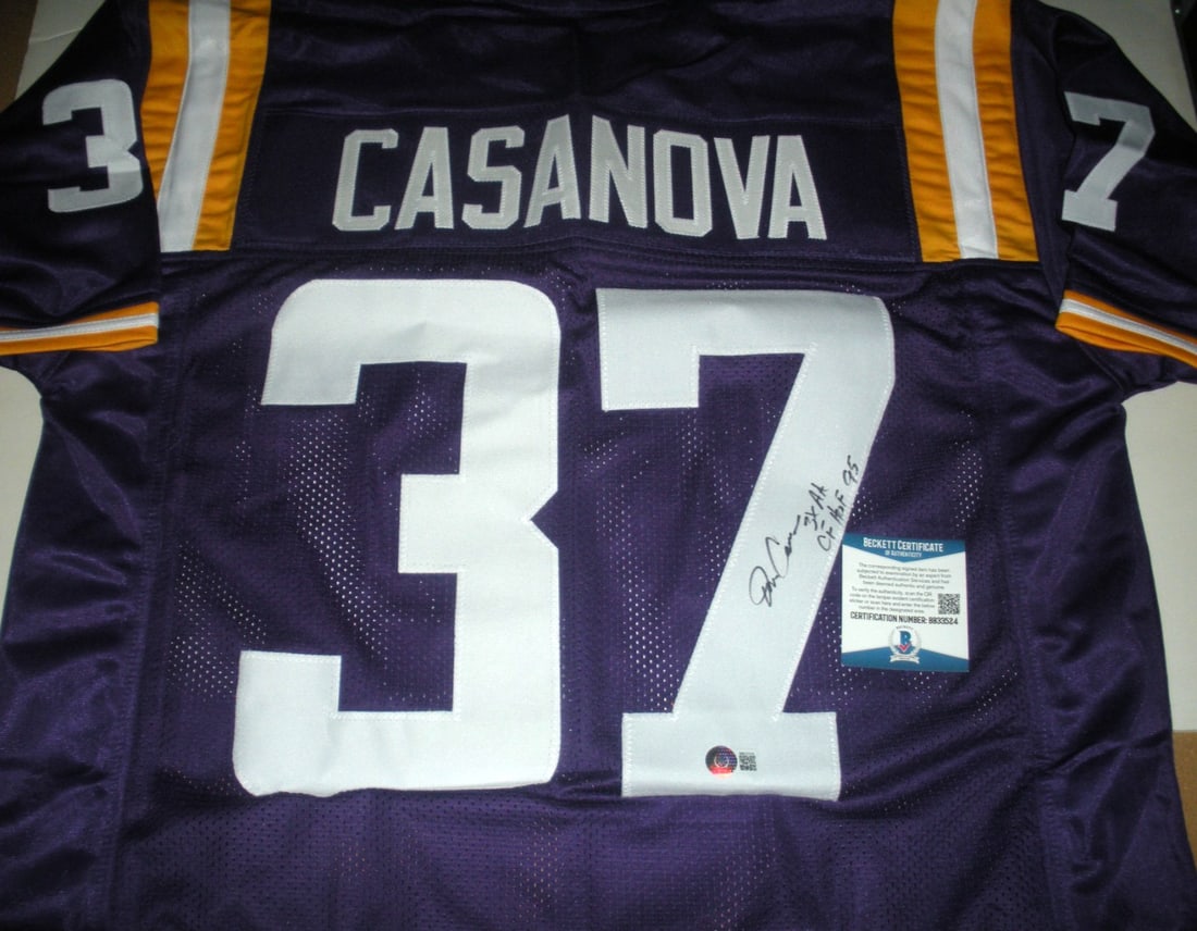 Signed LSU Tigers Jersey Tommy Casanova Beckett COA Hall of Fame Edition: Signed LSU Tigers Jersey Tommy Casanova Beckett COA Hall of Fame Edition This is a pre-owned LSU Tigers football jersey signed by Tommy Casanova. The jersey comes with Beckett authentication and certi