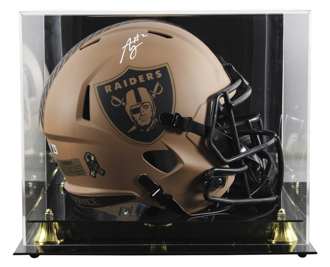 Ashton Jeanty Signed Raiders Salute To Service II Helmet with Beckett Authentication: Ashton Jeanty Signed Raiders Salute To Service II Helmet with Beckett Authentication This remarkable autographed helmet is a full-size Riddell Speed replica model, representing the Las Vegas Raiders a