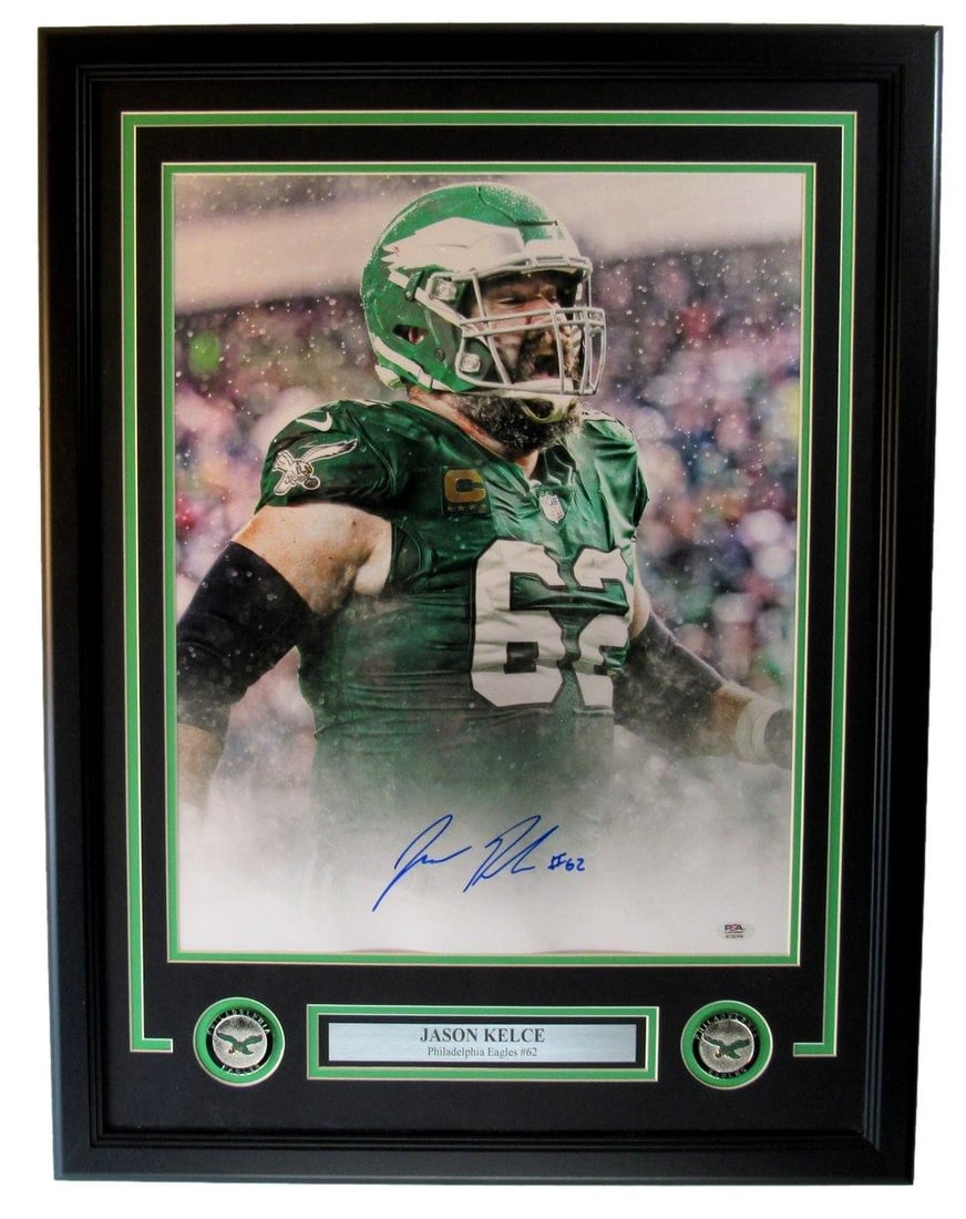 Framed 16x20 Jason Kelce Autographed Eagles Photo With PSA DNA Authentication: Framed 16x20 Jason Kelce Autographed Eagles Photo With PSA DNA Authentication This framed 16x20 photograph features an authentic signature from Jason Kelce of the Philadelphia Eagles. The item is prof