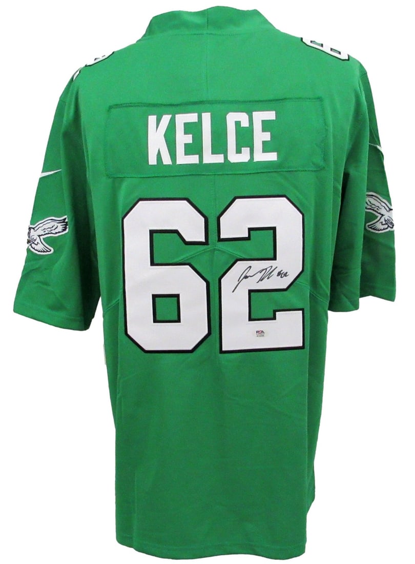 Philadelphia Eagles Jason Kelce Autographed Kelly Green Nike Jersey PSA DNA Authenticated: Philadelphia Eagles Jason Kelce Autographed Kelly Green Nike Jersey PSA DNA Authenticated This is a pre-owned Kelly Green custom football jersey, autographed by Jason Kelce of the Philadelphia Eagles.
