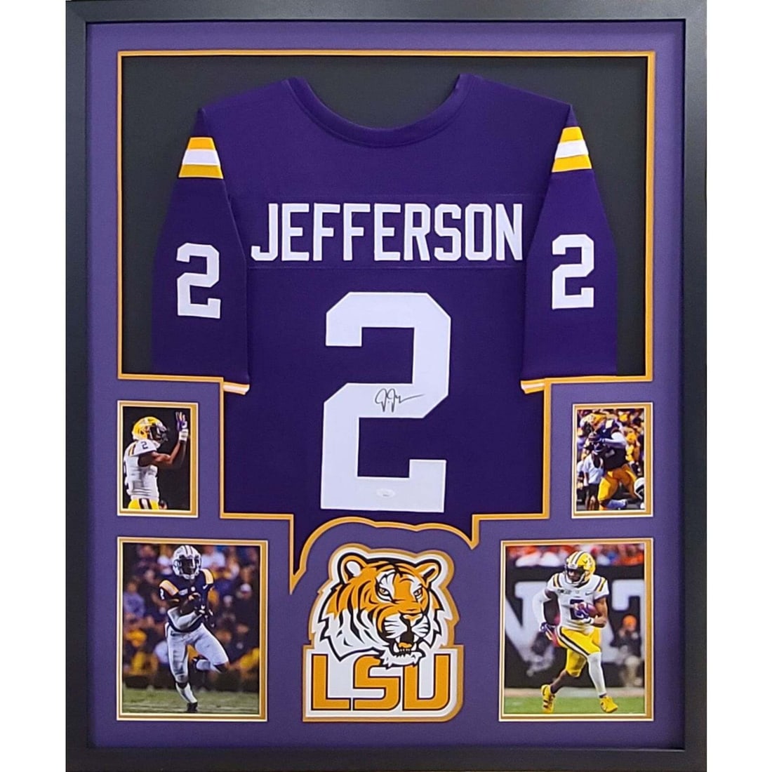 Justin Jefferson Autographed Framed Jersey JSA Certified LSU 42x34: Justin Jefferson Autographed Framed Jersey JSA Certified LSU 42x34 This autographed Justin Jefferson framed jersey is a must-have for any LSU fan. Authenticated by JSA, a leading name in sports memora