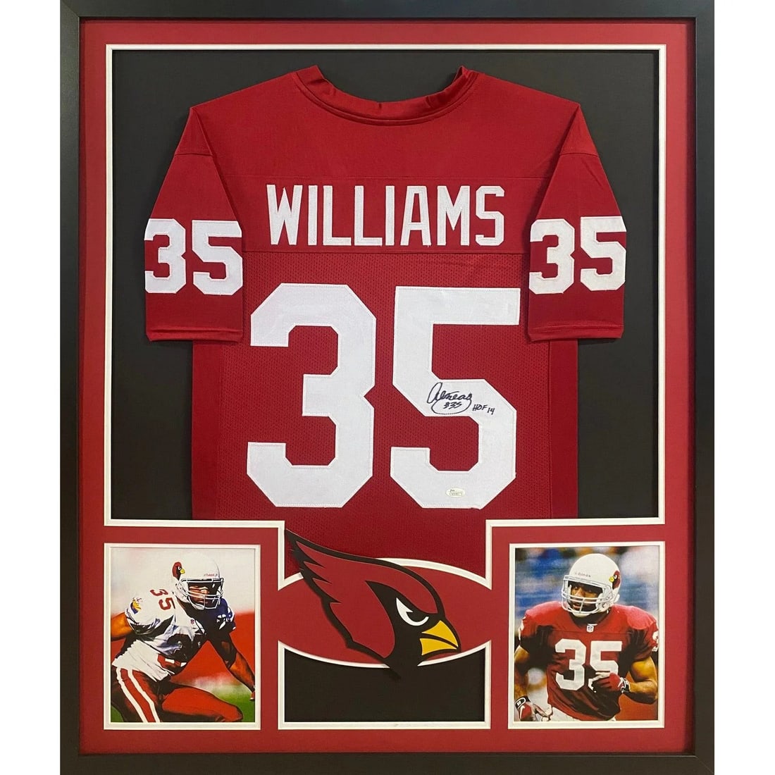 Framed Phoenix Cardinals Jersey Signed by Aeneas Williams with JSA Authentication: Framed Phoenix Cardinals Jersey Signed by Aeneas Williams with JSA Authentication This framed jersey features the autograph of Aeneas Williams from the Phoenix Cardinals. Authenticated by JSA, the jer