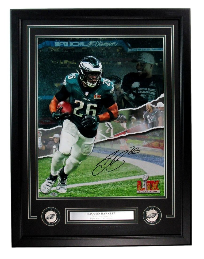 Saquon Barkley Autographed 16x20 Photo Framed PSA Authenticated: Saquon Barkley Autographed 16x20 Photo Framed PSA Authenticated This stunning Saquon Barkley Signed/Autographed 16x20 Photo features the iconic moment from Super Bowl LIX, beautifully framed and ready
