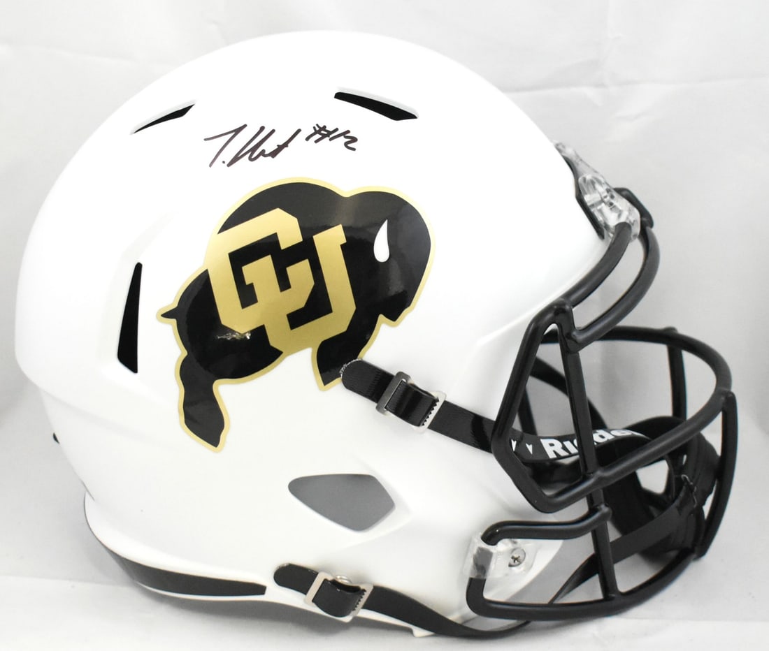 Colorado Buffaloes White Speed Helmet Signed by Travis Hunter Beckett Holo: Colorado Buffaloes White Speed Helmet Signed by Travis Hunter Beckett Holo This is a pre-owned full-size white Speed helmet featuring the Colorado Buffaloes, signed by Travis Hunter. The helmet is an 